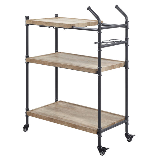 Industrial style bar cart with rustic wood shelves and black metal frame