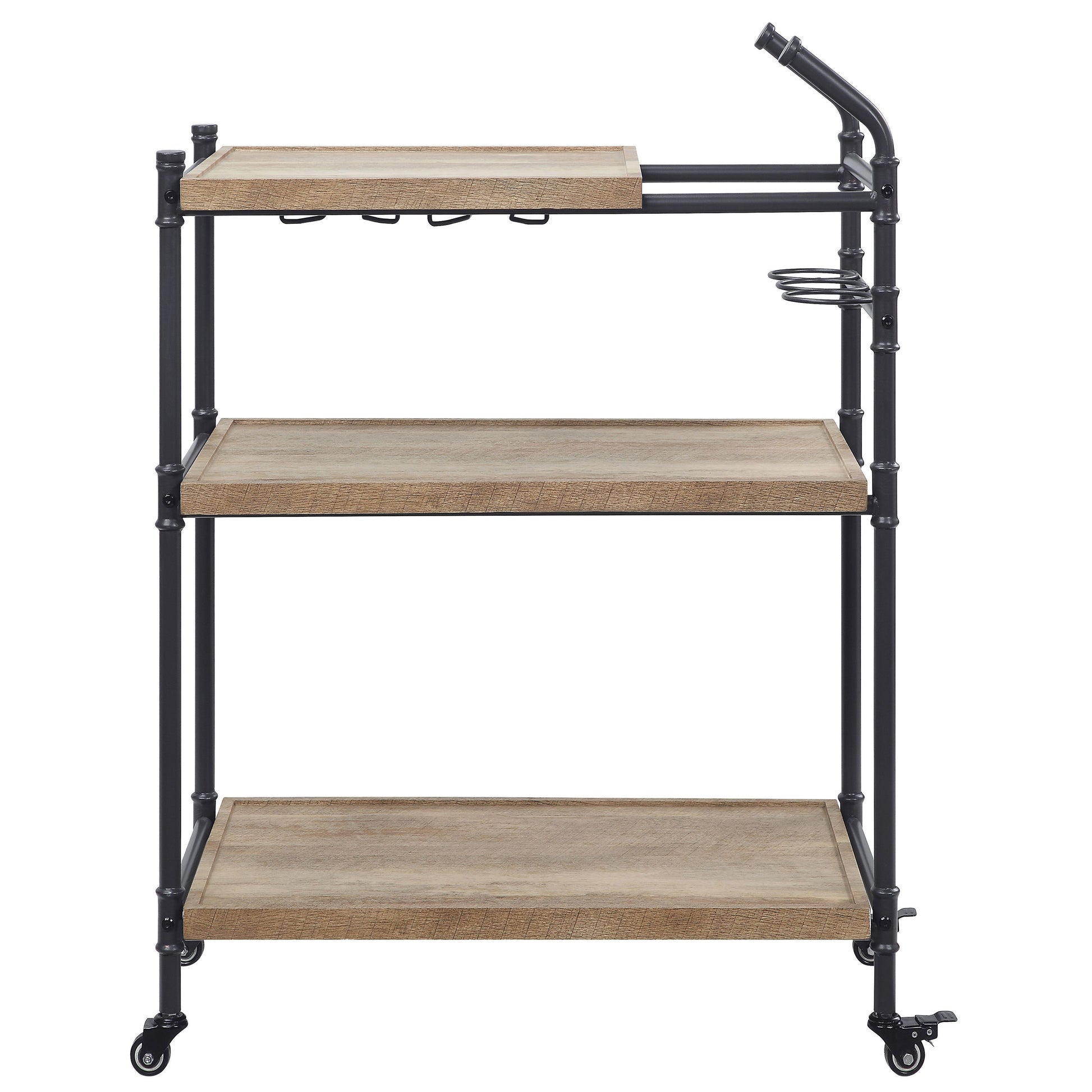 Rustic industrial bar cart with three wooden shelves and black metal frame