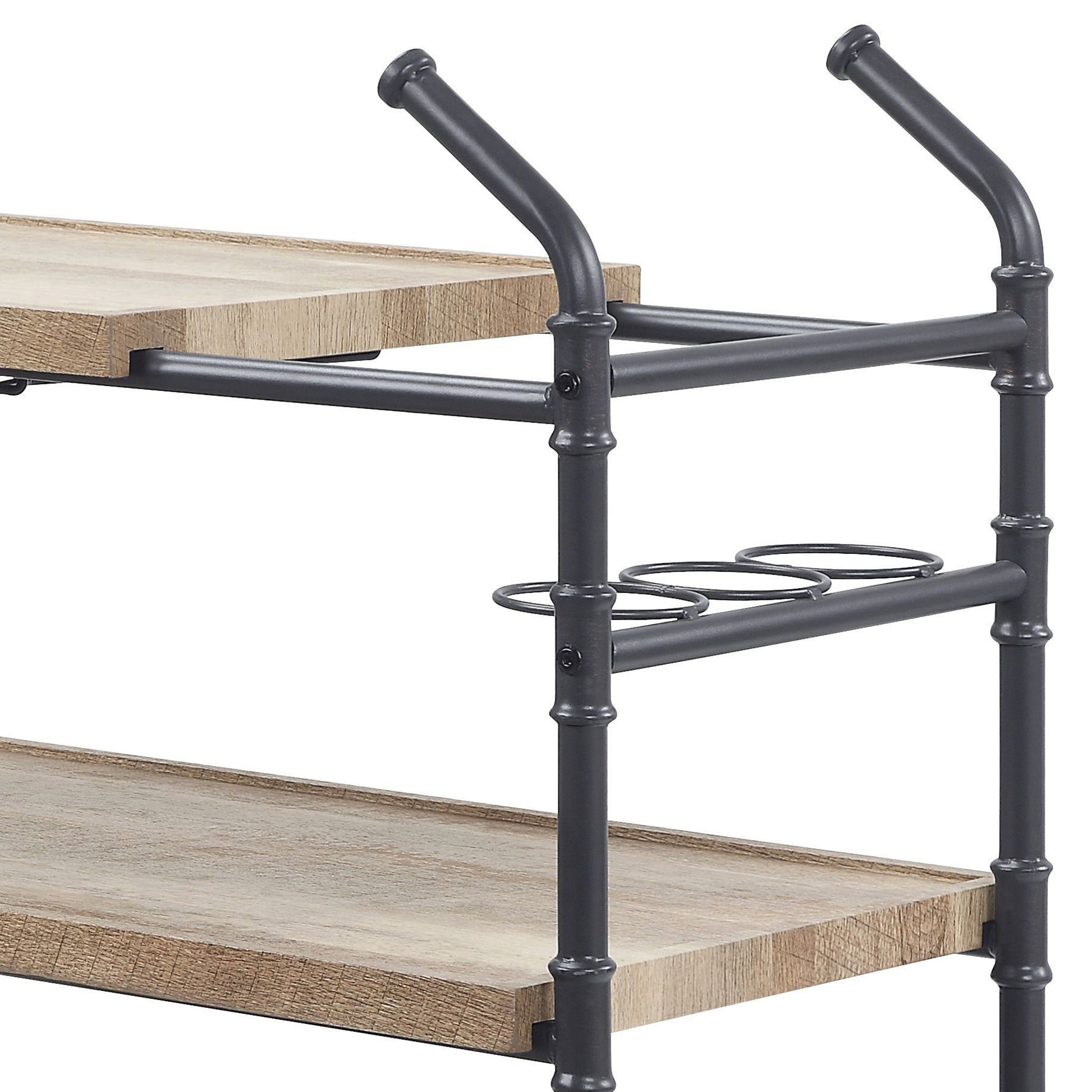 Rustic wood and metal shelving unit with wine glass holders for kitchen decor