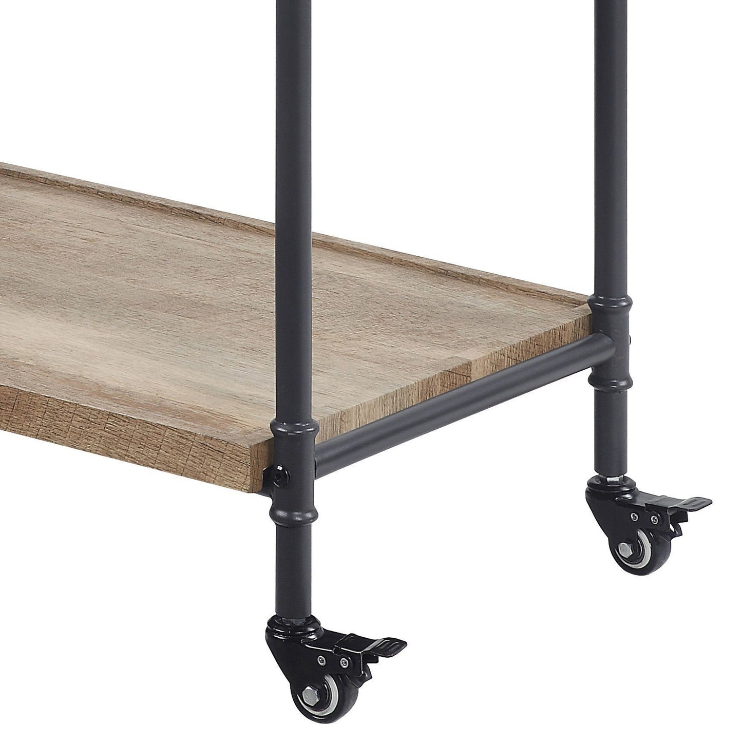 Rustic wood shelf with black metal pipe frame and lockable caster wheels
