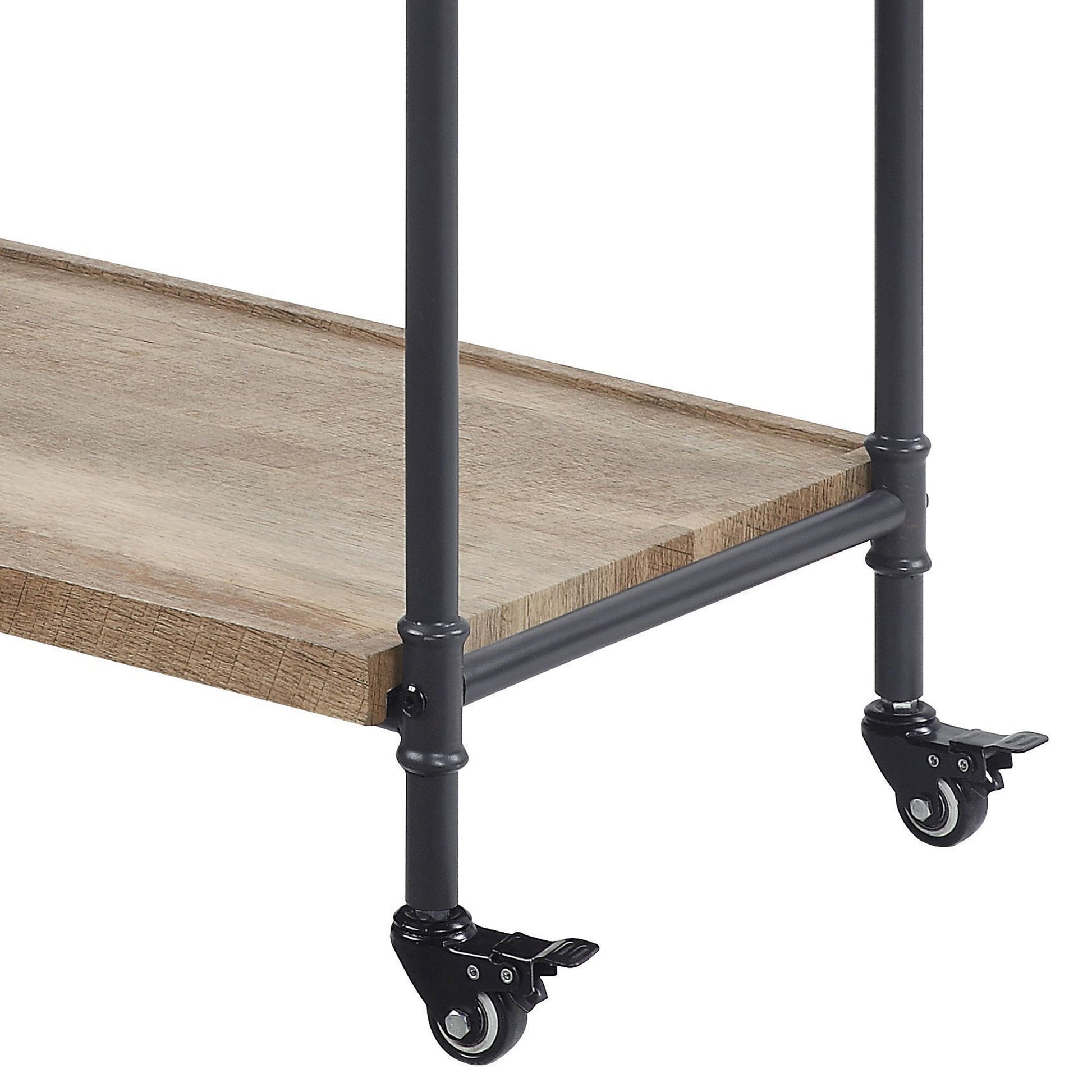 Rustic wood shelf with black metal pipe frame and lockable caster wheels