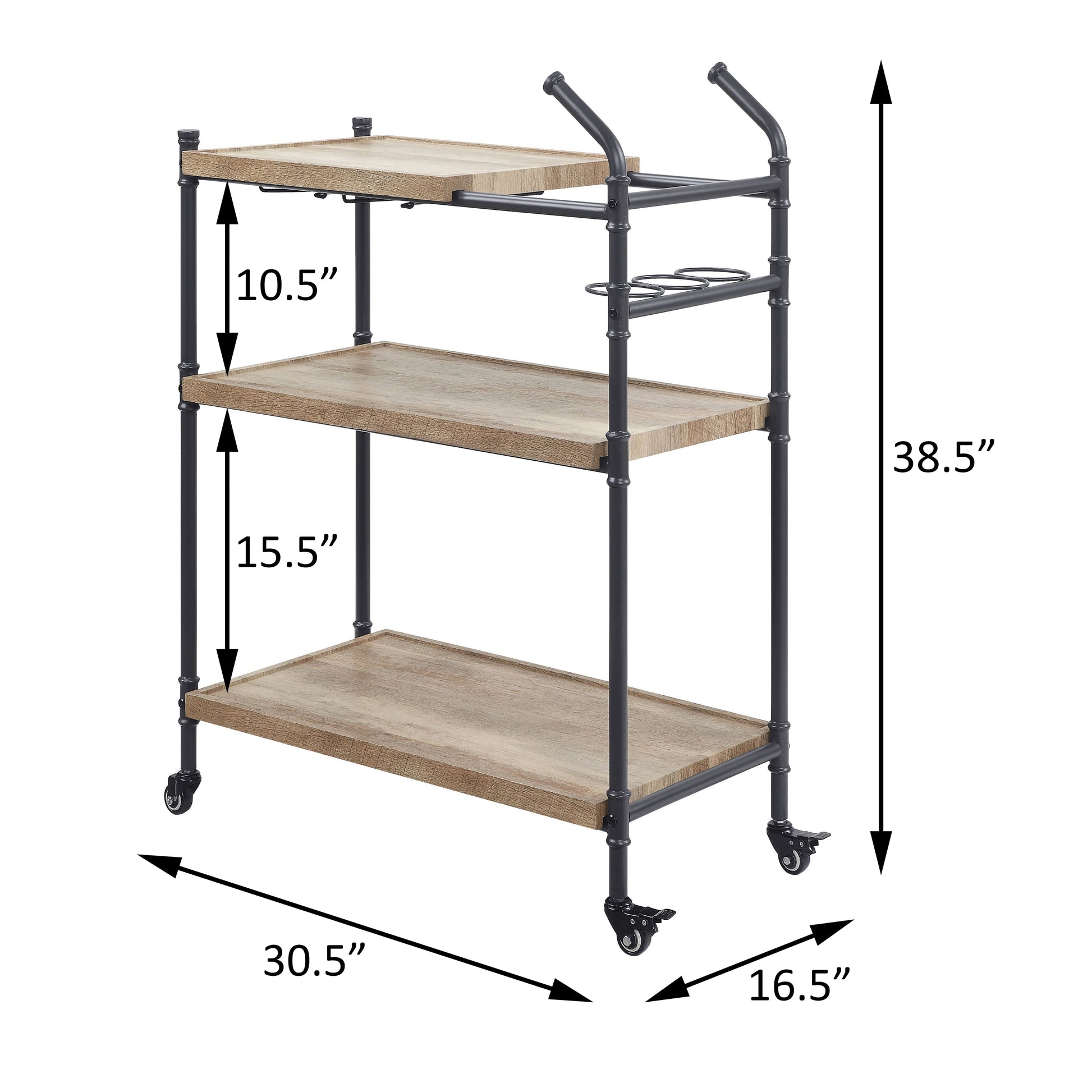 Rustic wood and black metal threetier bar cart with wine glass holders and casters