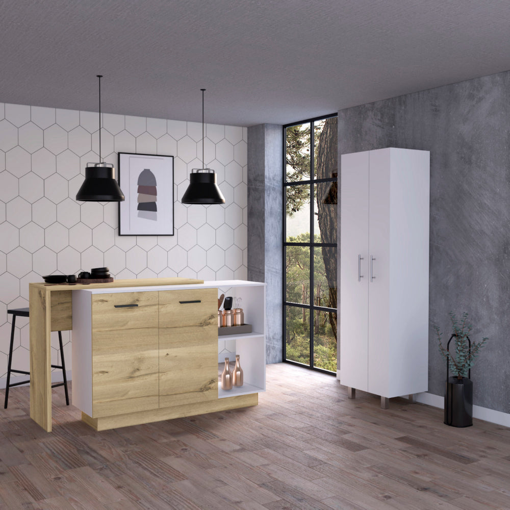 Modern kitchen island with natural wood finish and white accents featuring ample storage