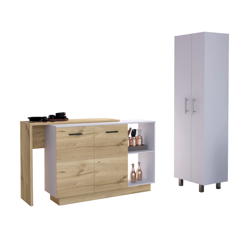 Modern oak and white kitchen island with storage and a tall white cabinet