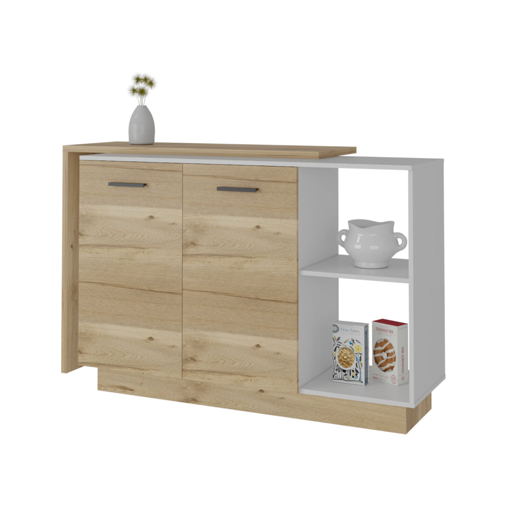 Modern sideboard with wood grain doors and white open shelving unit for storage