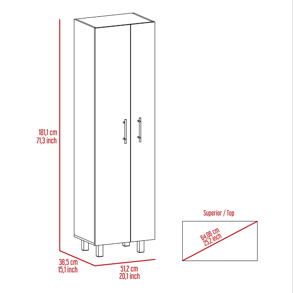 Line drawing of a tall narrow white storage cabinet with two doors and silver handles