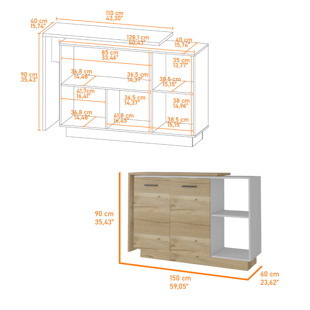Dresser with two cabinet doors and open shelving oak and white finish cm wide