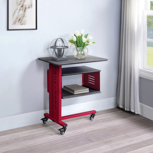 Red metal industrial rolling cart with two shelves dark wood top perfect as a side table
