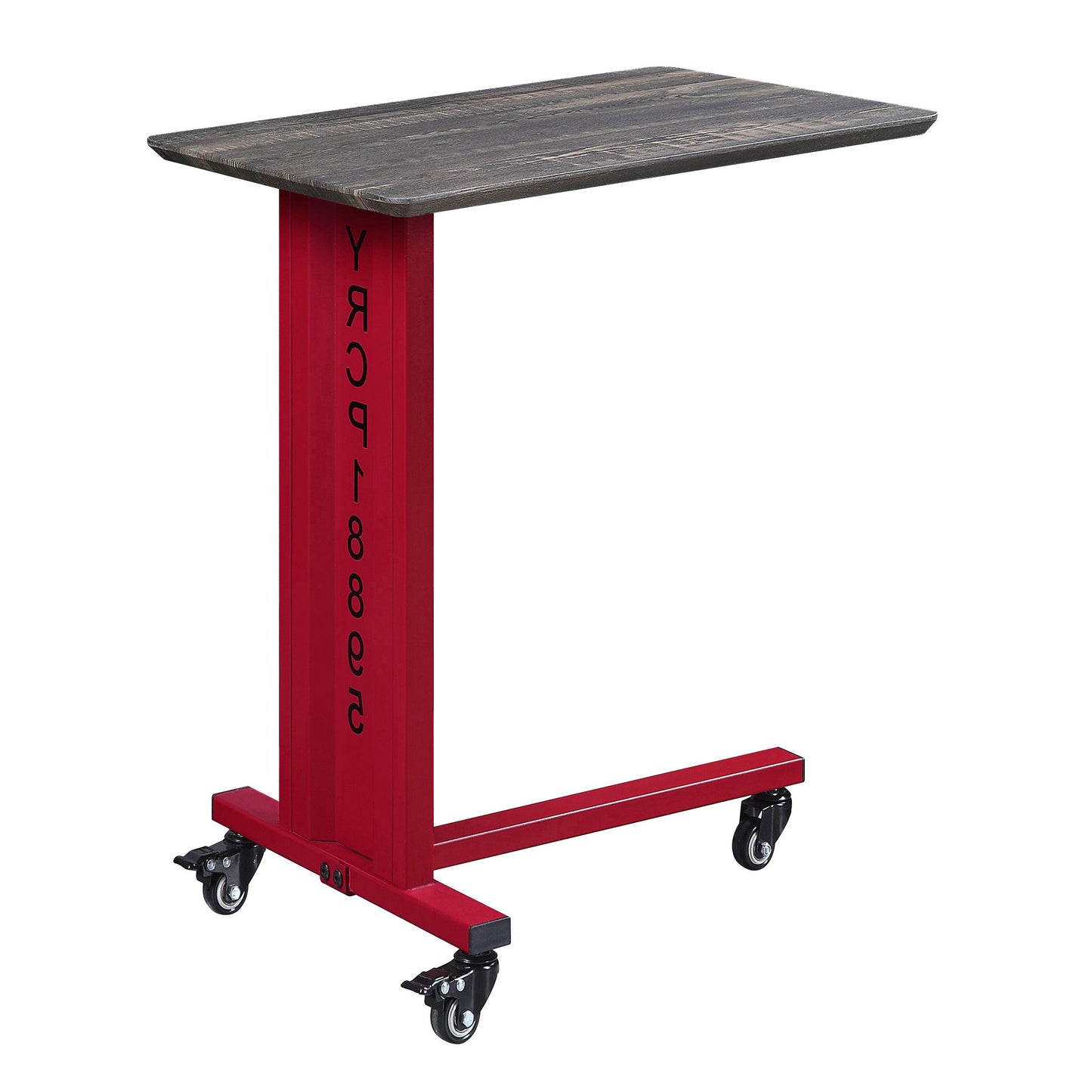 Rustic woodtop rolling C table with red metal base and casters