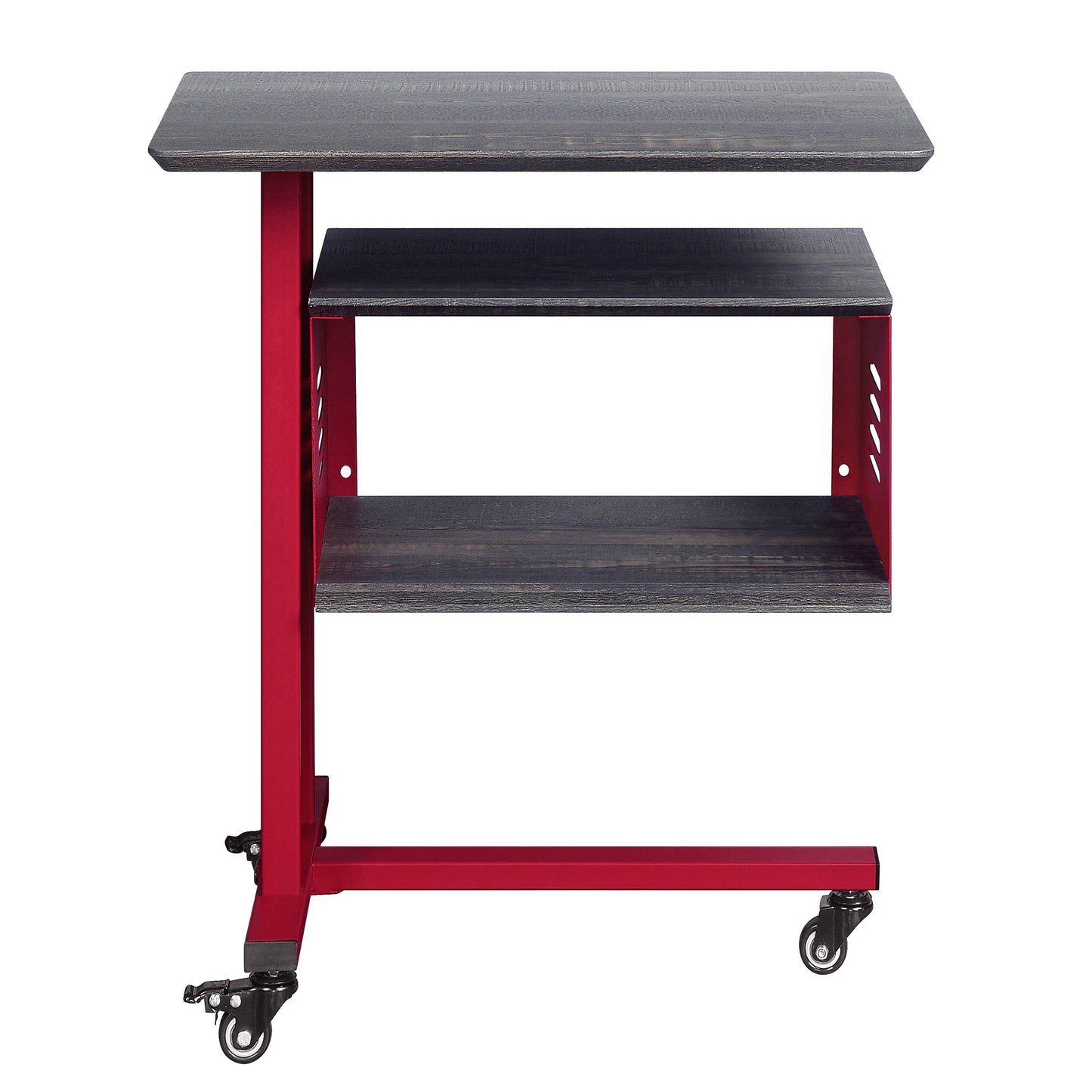 Mobile rolling laptop desk with dark wood shelves and red metal frame