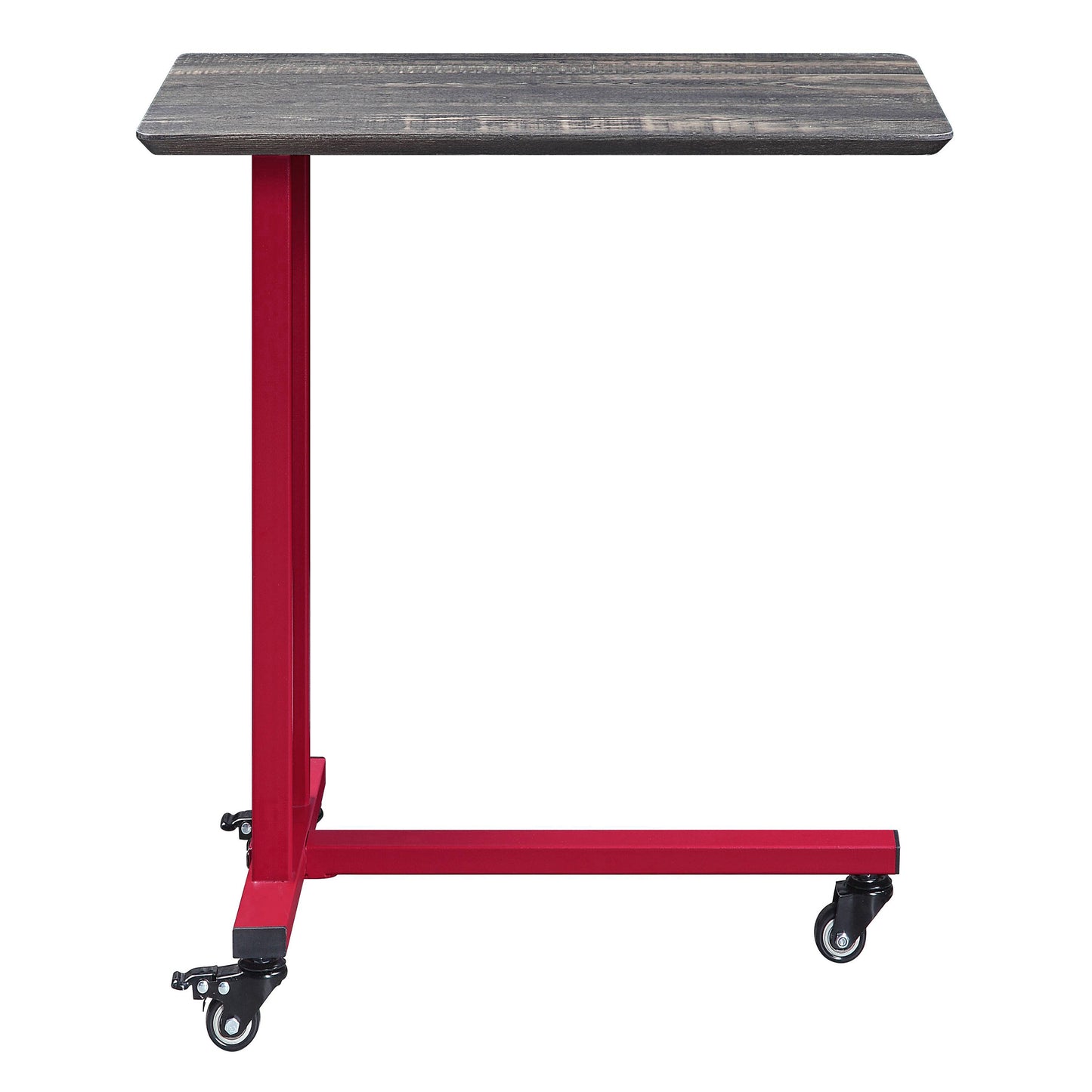 Gray wood grain top ctable with red metal frame and black casters for easy mobility