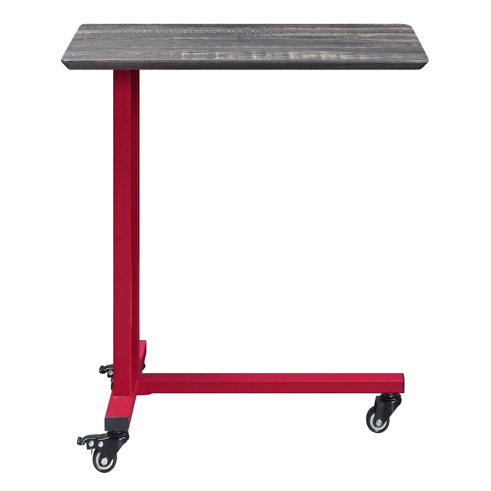 Gray wood grain top ctable with red metal frame and black casters for easy mobility