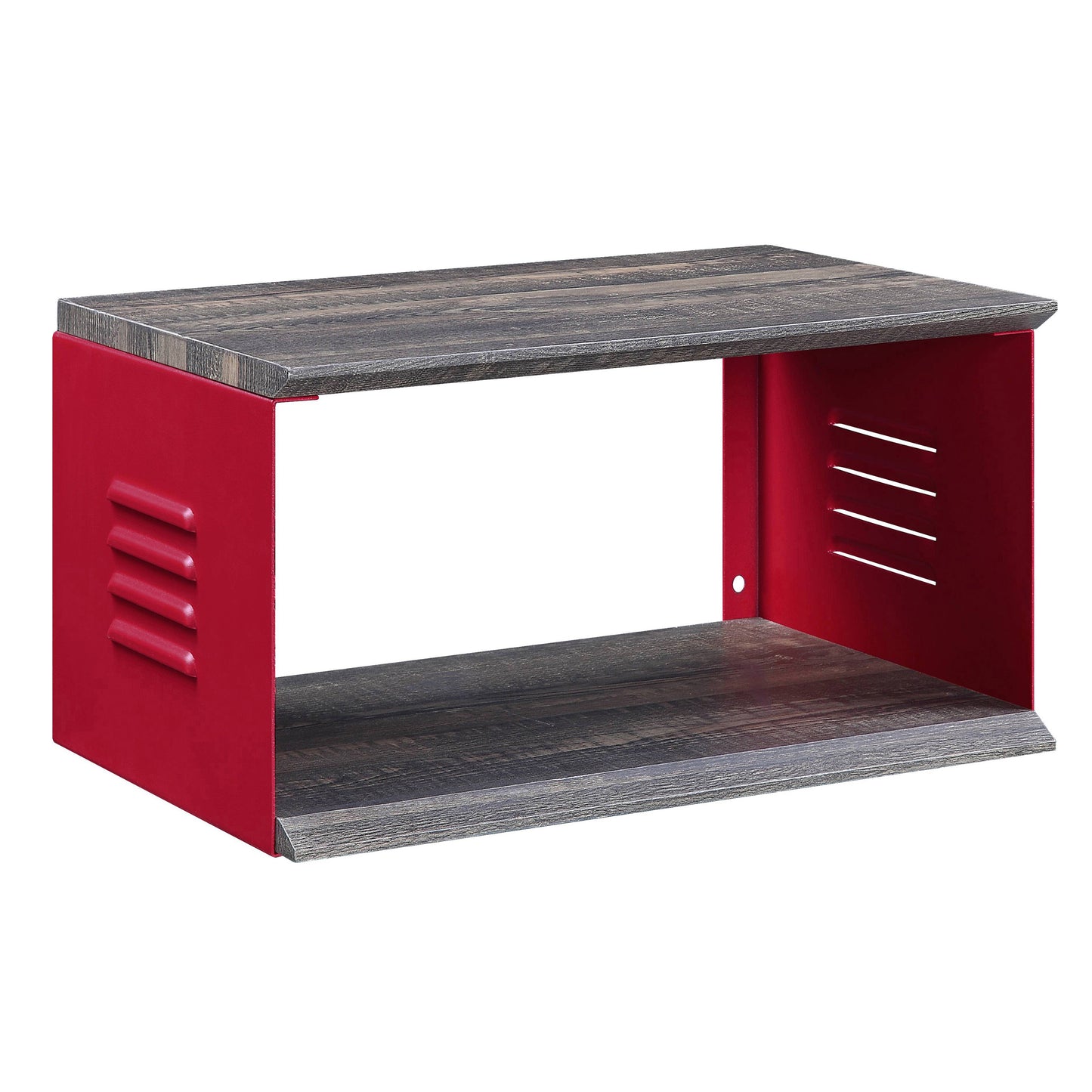 Industrial style end table with distressed wood top and red metal frame with louvers