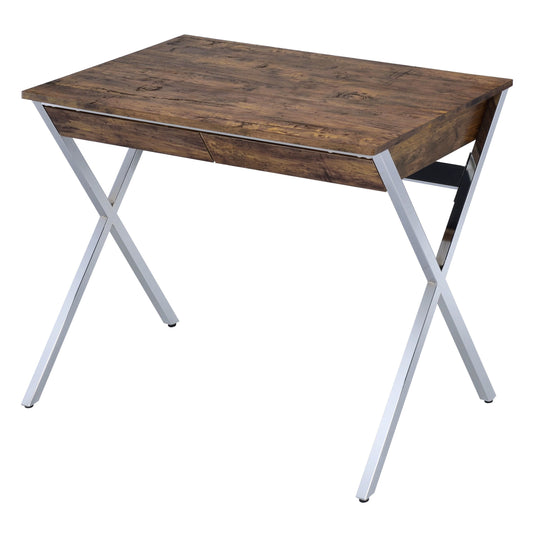 Rustic wood writing desk with two drawers and chrome Xleg base