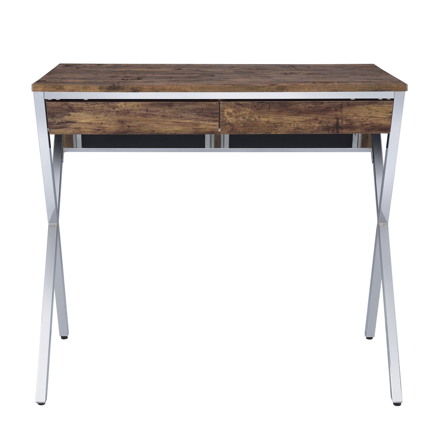 Rustic wood desk with two drawers and chrome metal legs for a modern home office