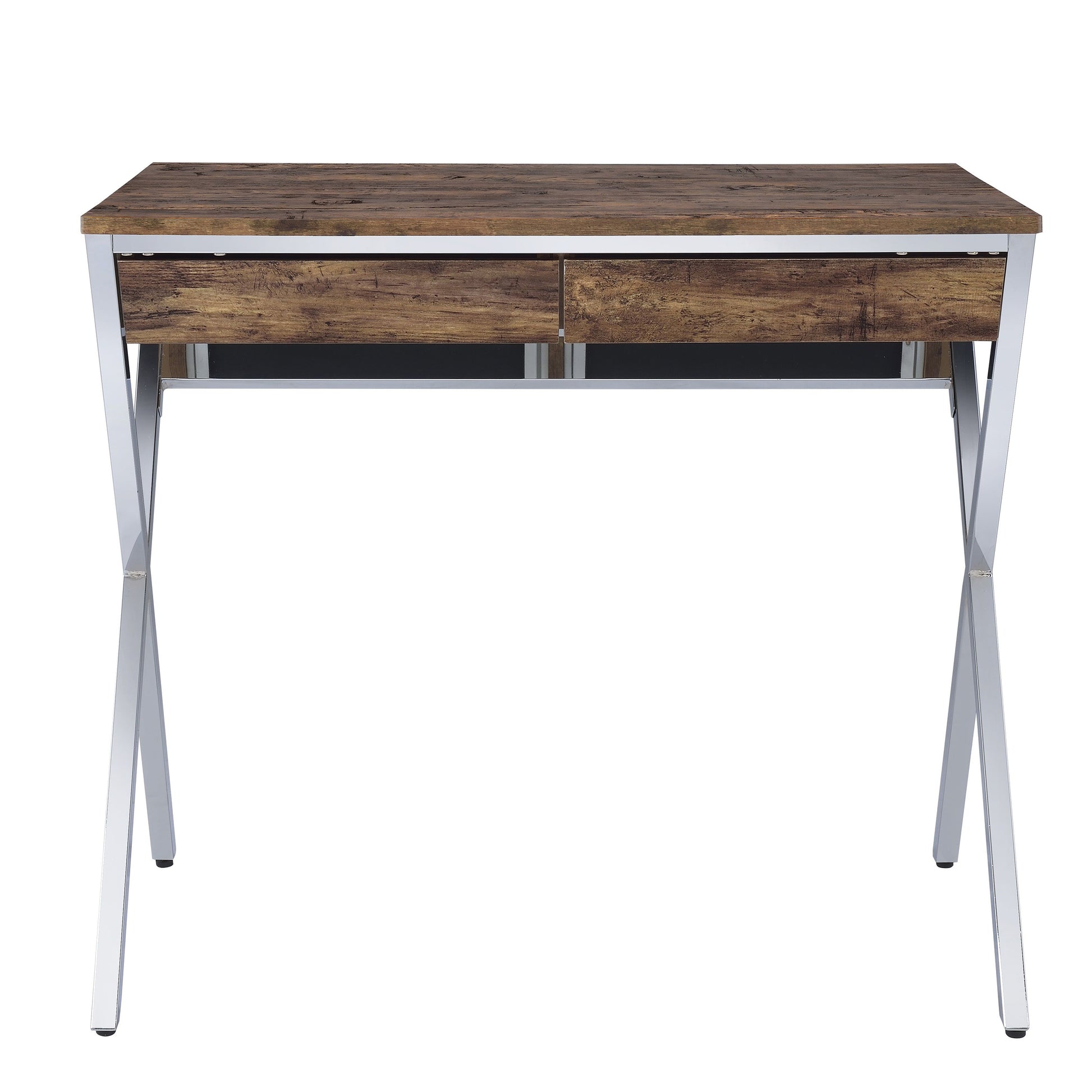 Rustic wood desk with two drawers and chrome metal legs for a modern home office
