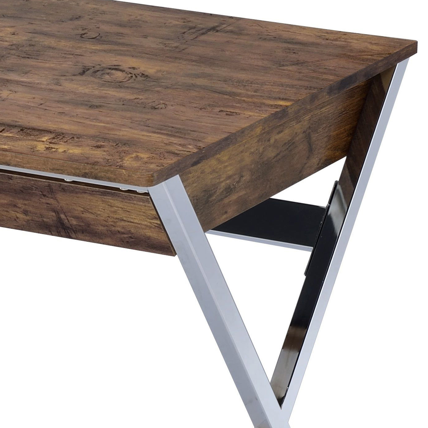 Rustic brown wood desk with a sleek chrome Aframe leg design