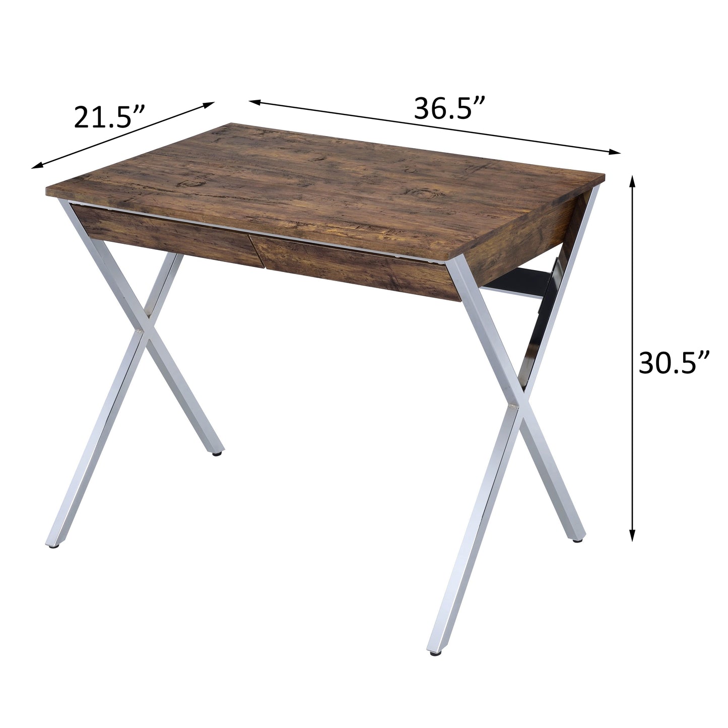 Rustic wood desk with Xshaped chrome legs and two drawers