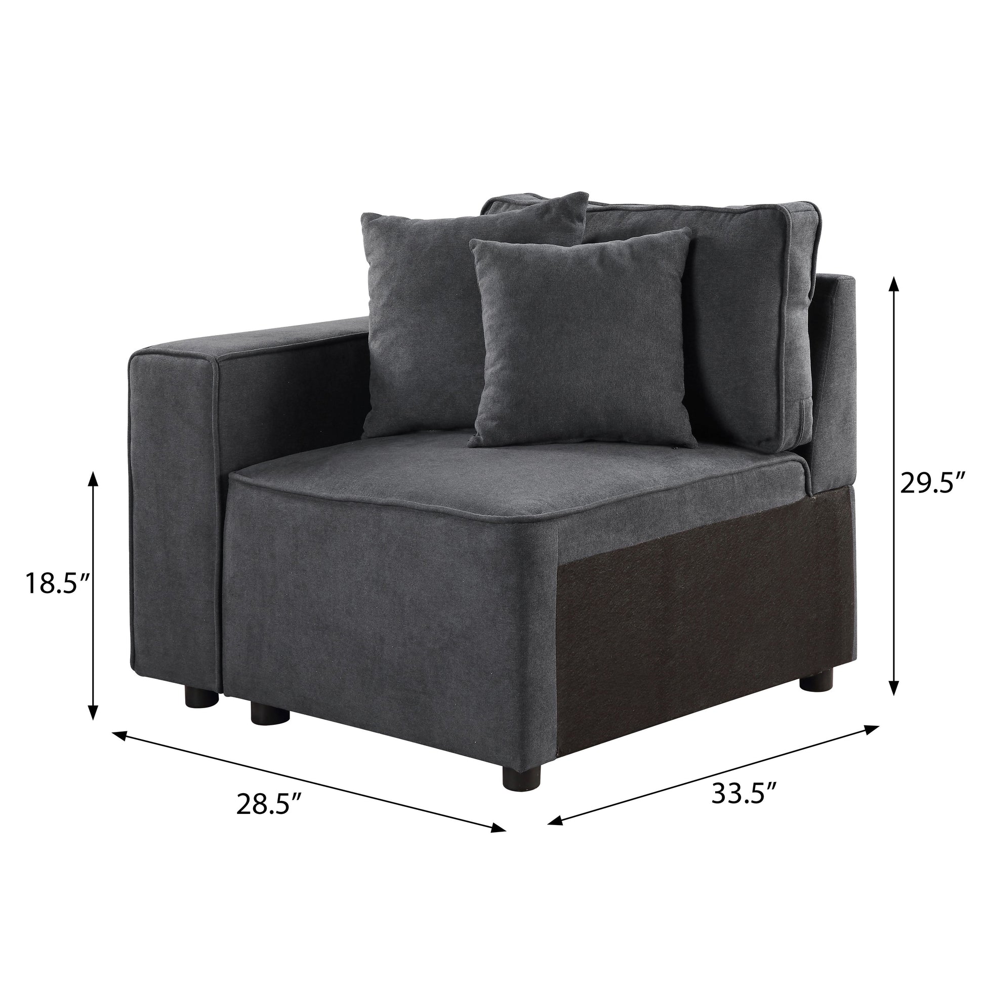 Dark grey fabric sectional chair with two plush throw pillows and a right armrest