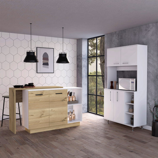 Modern kitchen island with light oak wood drawers and white countertop featuring open shelving