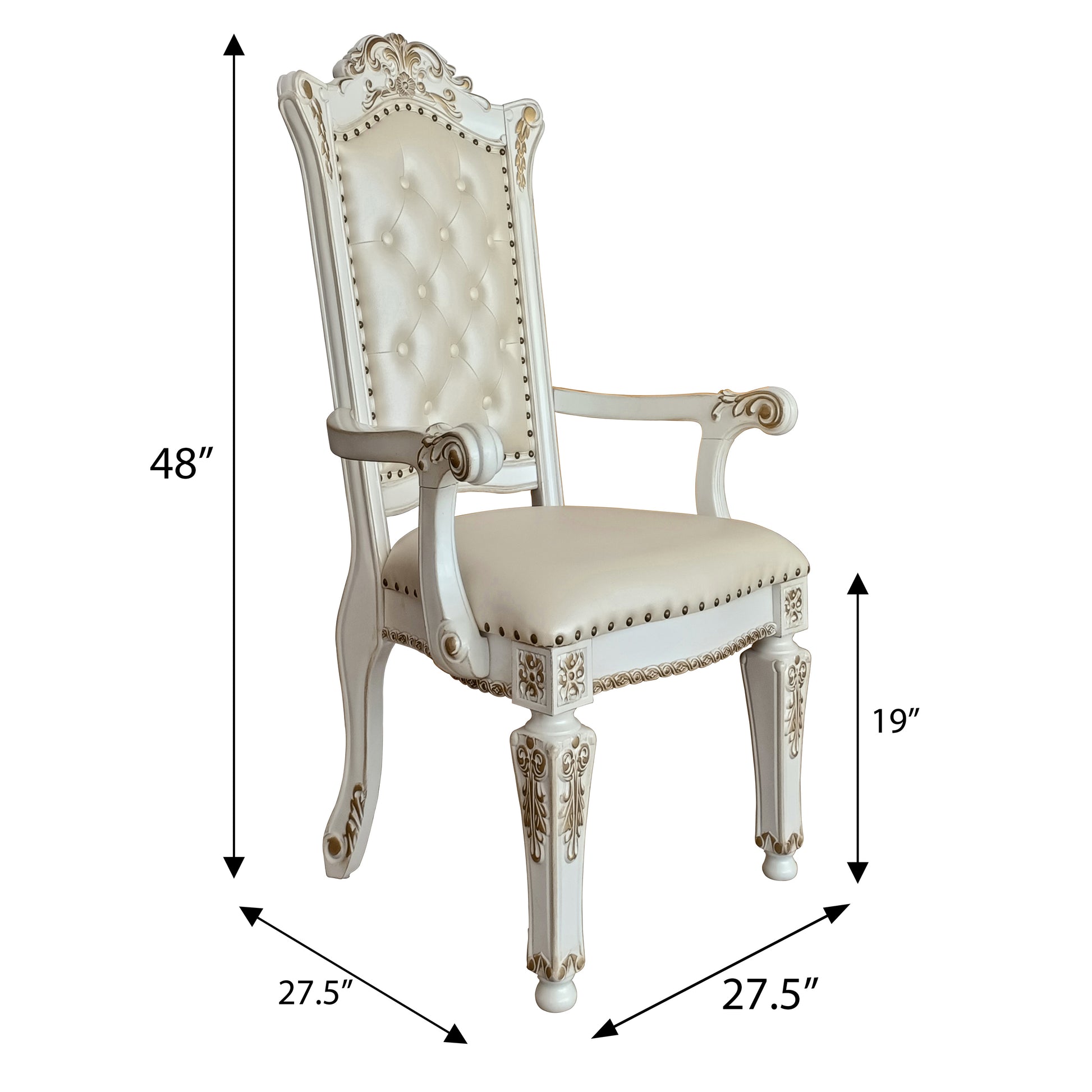 Ornate white and gold tufted upholstered dining chair with carved details