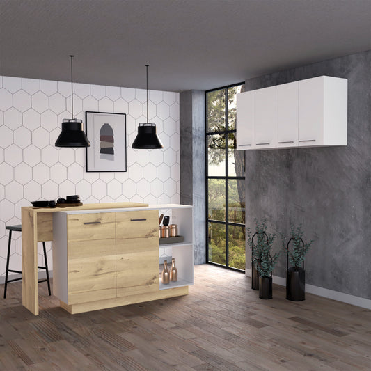 Modern oak kitchen island with white countertop and open shelving for storage