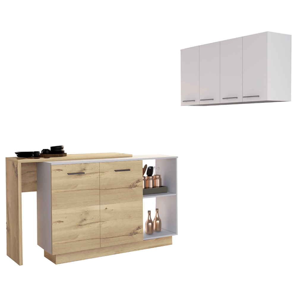 Modern kitchen island with oak wood finish and white cabinets