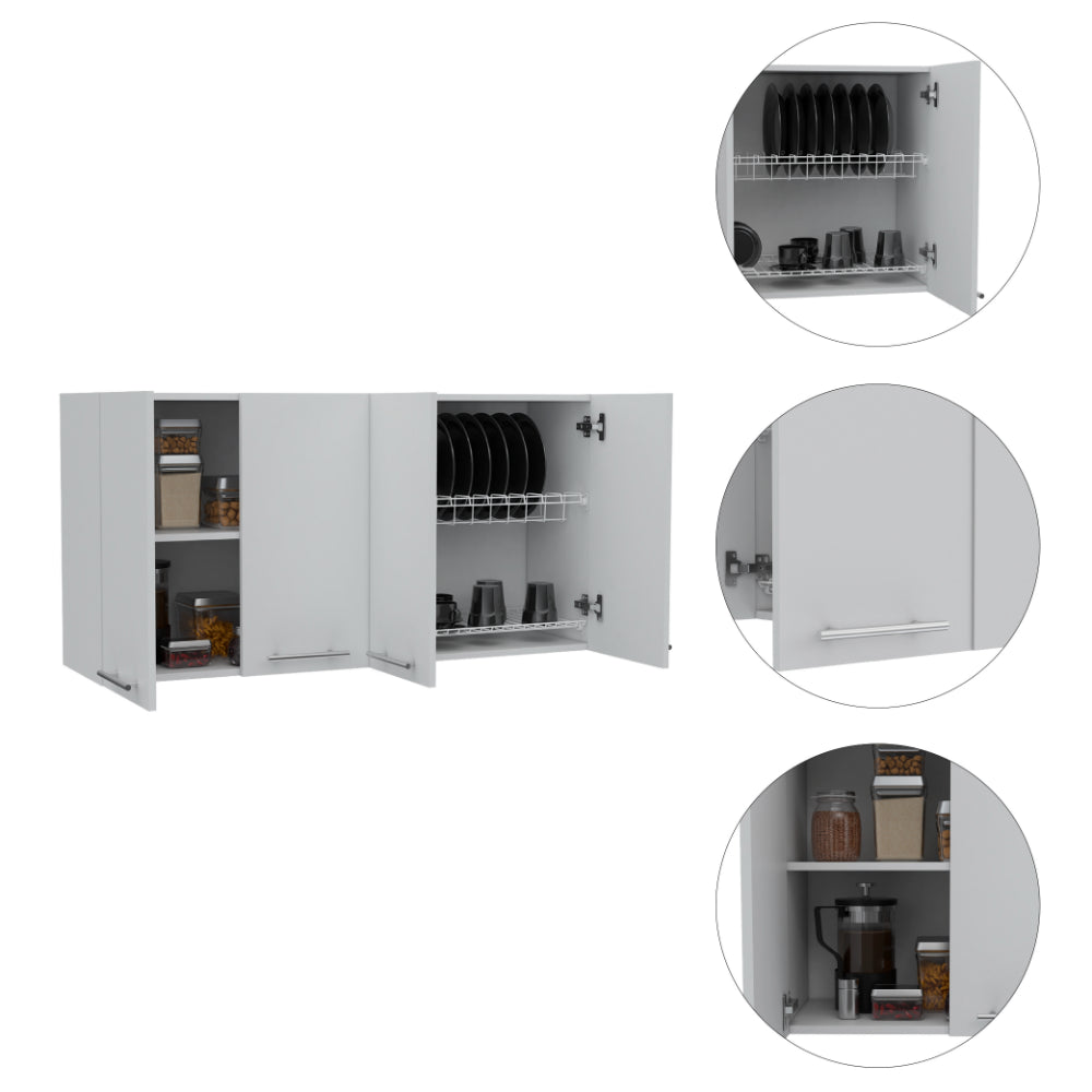 White wallmounted kitchen cabinet with open doors showing dishes and pantry items