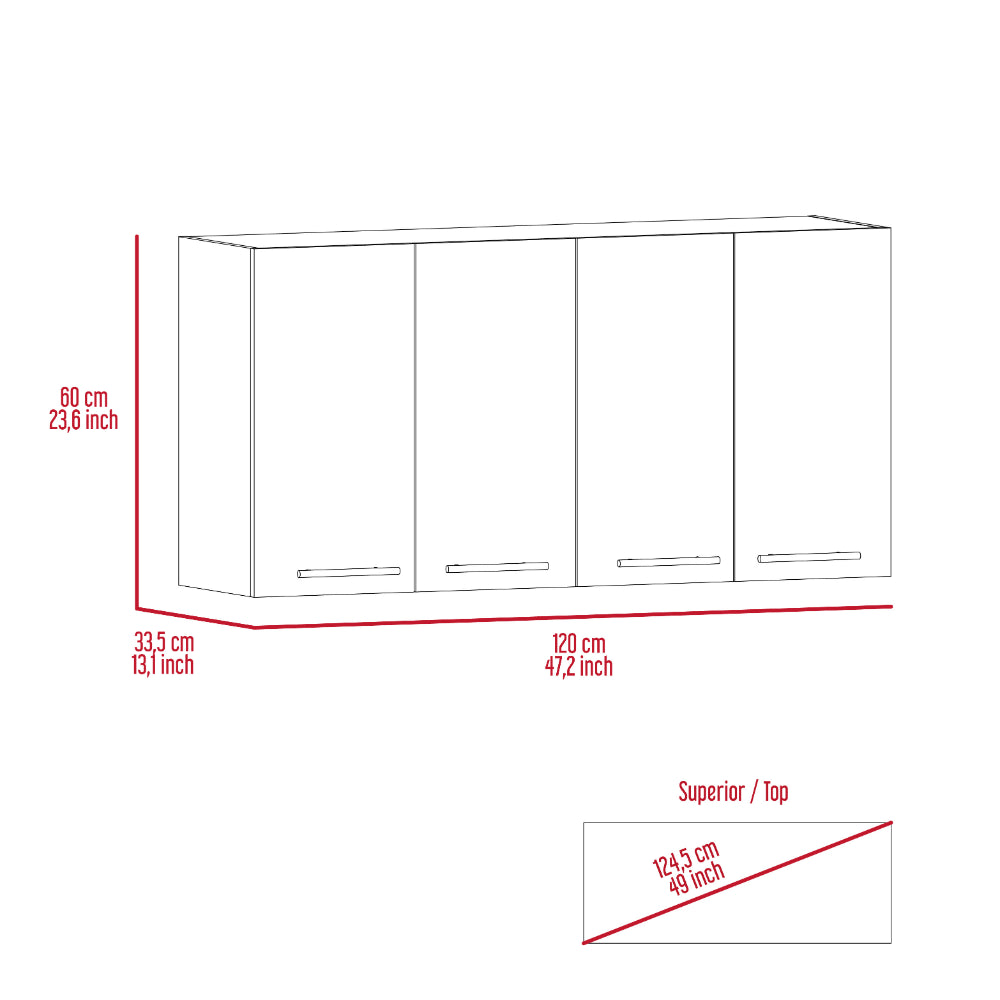 Diagram of a white fourdoor wall cabinet with dimensions indicated  cm  inches width  cm  inches height and  cm  inches depth