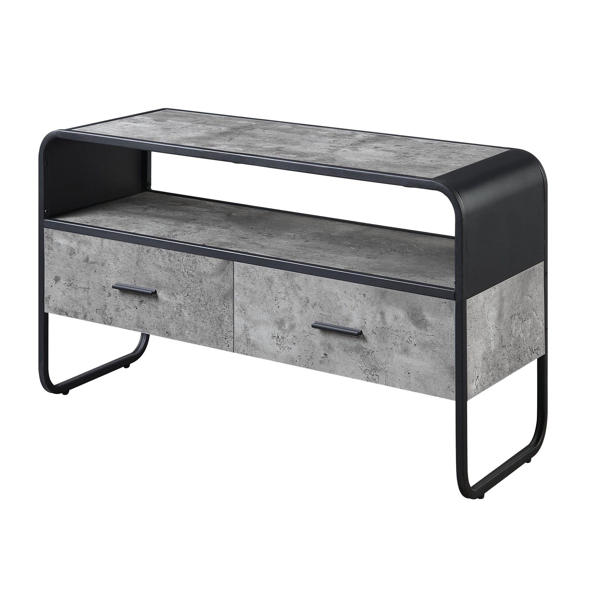 Modern TV stand with faux concrete finish and black metal frame two drawers and open shelving