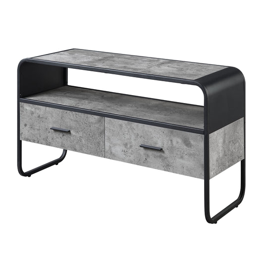 Modern TV stand with faux concrete finish and black metal frame two drawers and open shelving