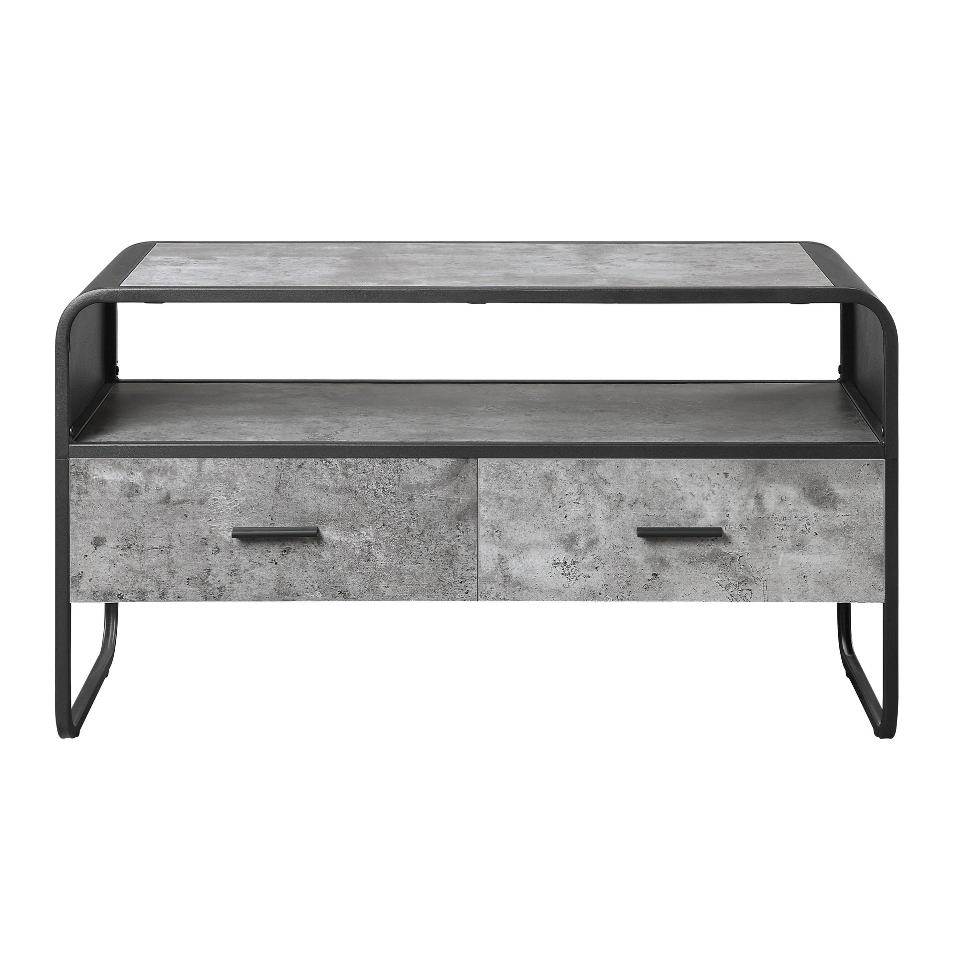Industrial style media console with two concretelook drawers and open shelving
