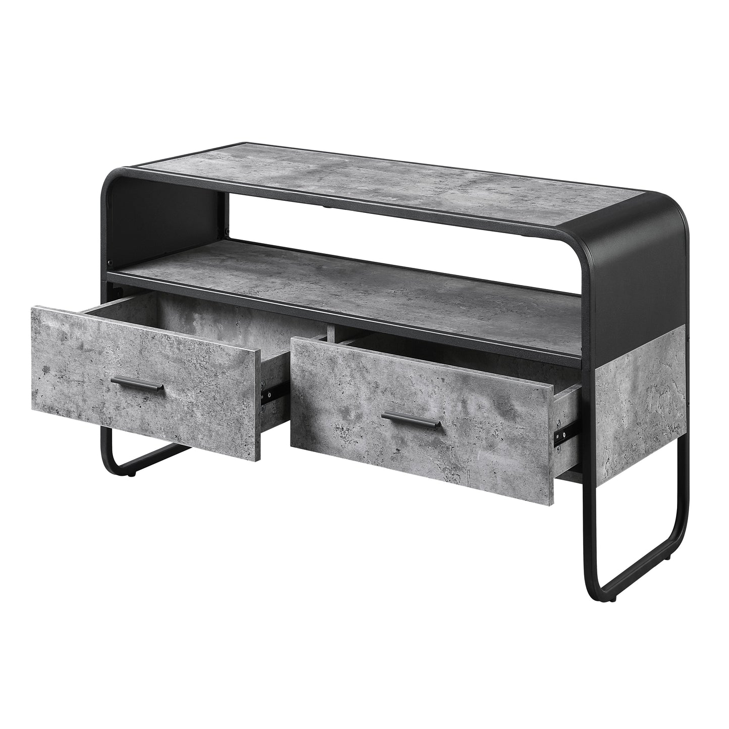 Modern industrial TV stand with grey concrete finish and black metal frame