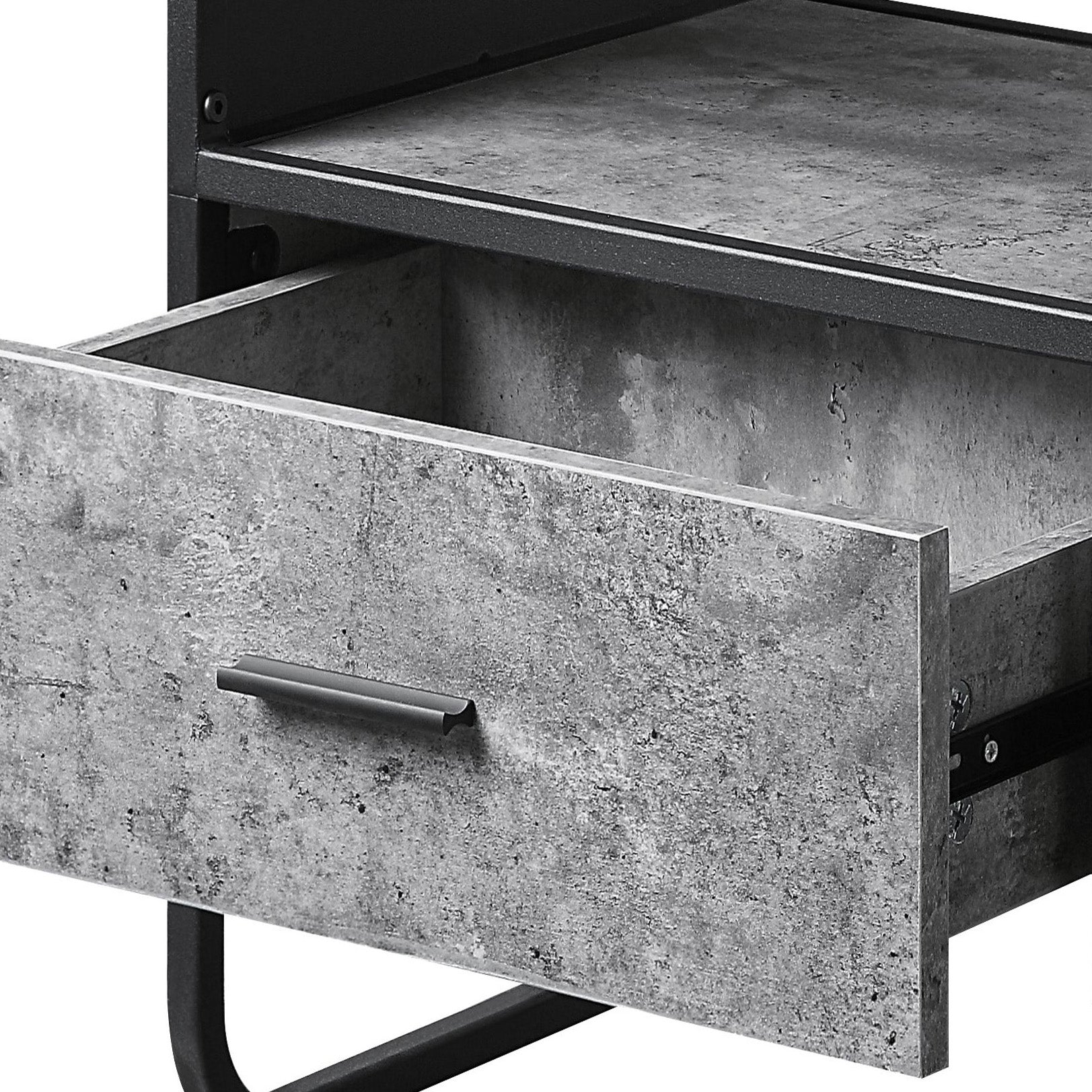 Gray concrete effect bedside table drawer with black metal handle