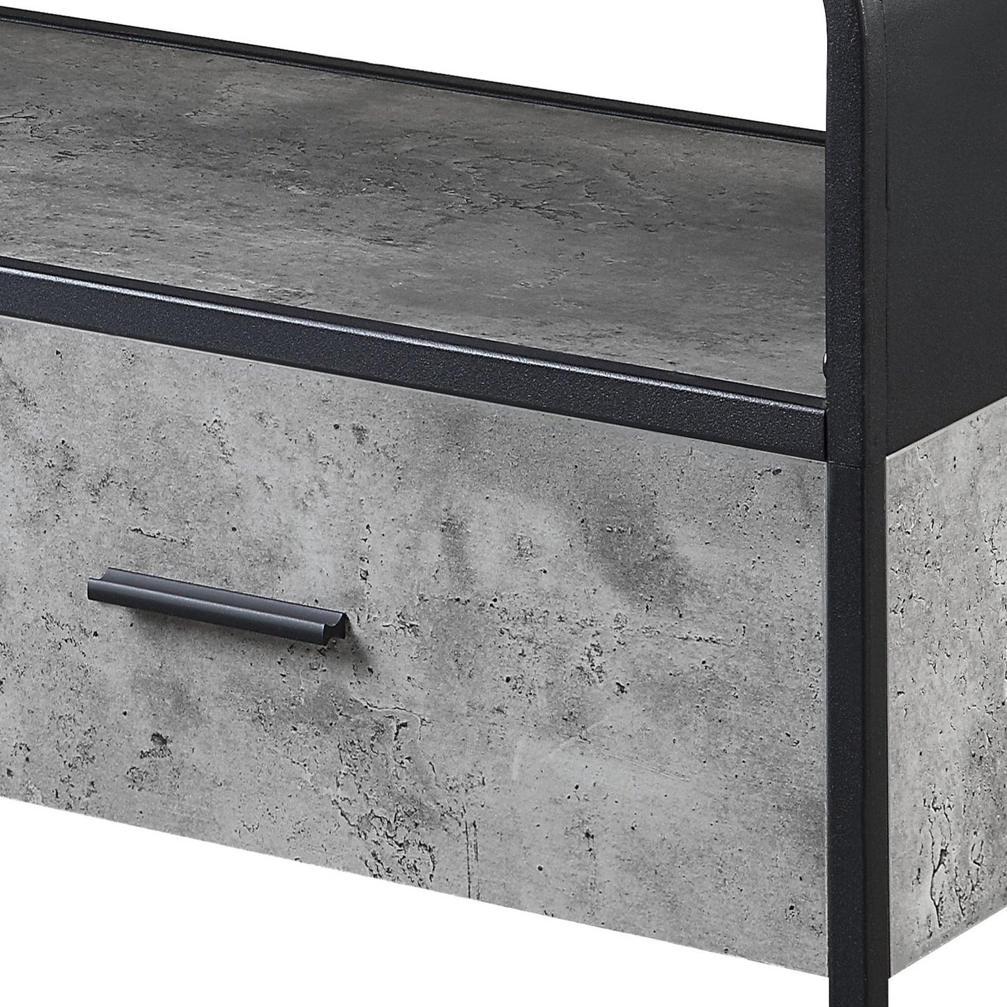 Modern faux concrete side table with black metal drawer pull and frame