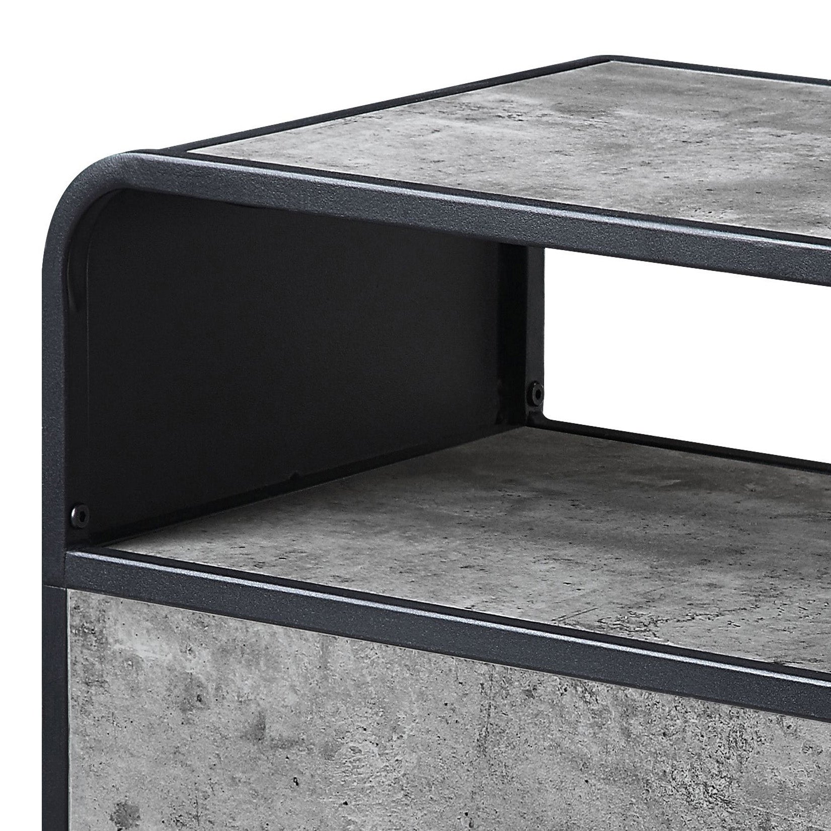 Modern concrete effect media console with black metal frame