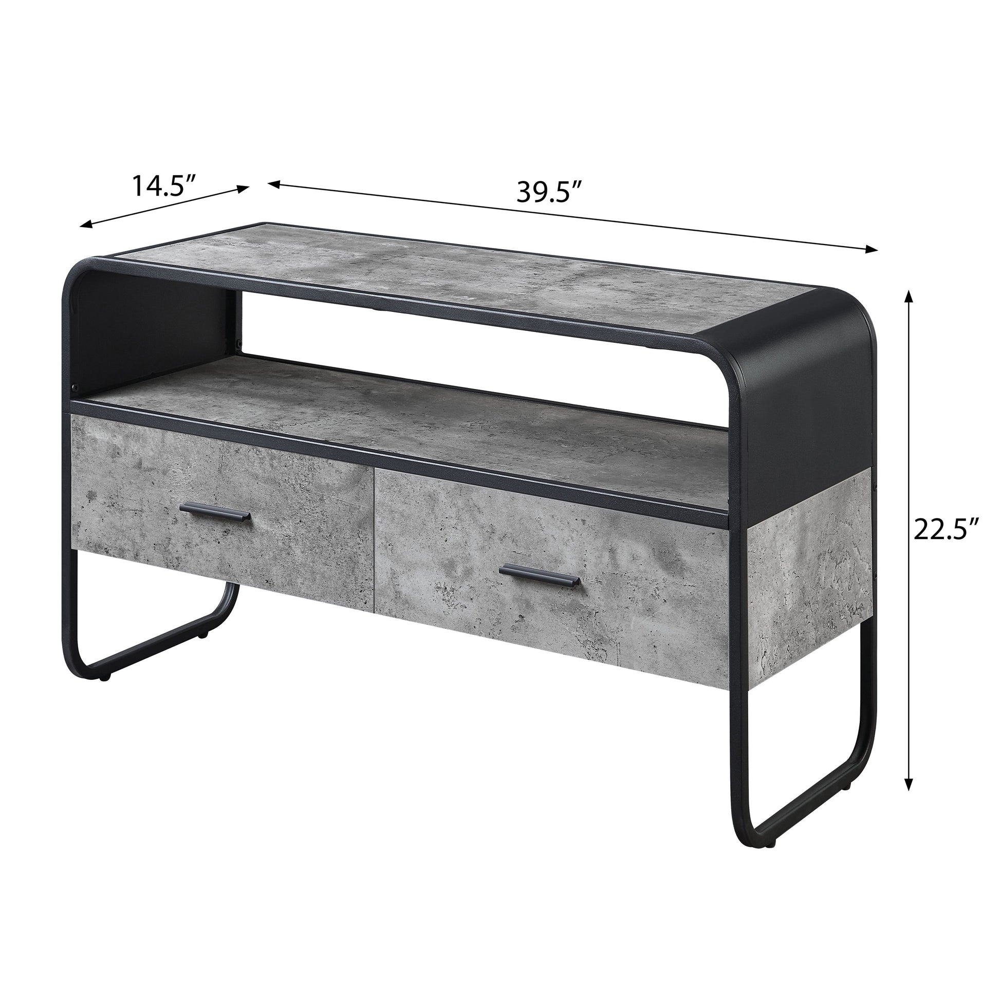 Modern grey concrete look TV stand with black frame and two drawers for media storage