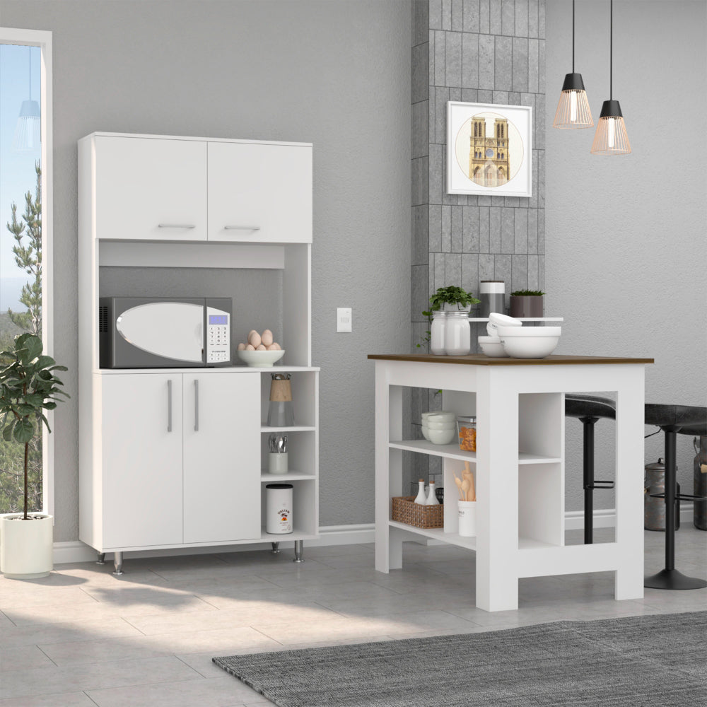 White kitchen hutch with microwave eggs and storage cabinets