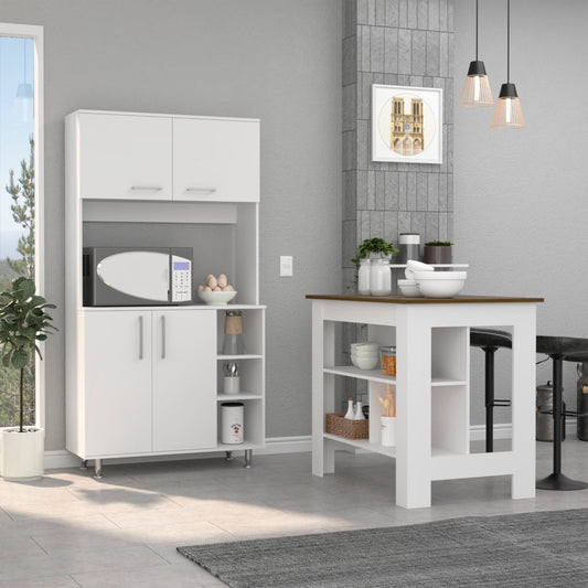 White kitchen hutch with microwave eggs and storage cabinets