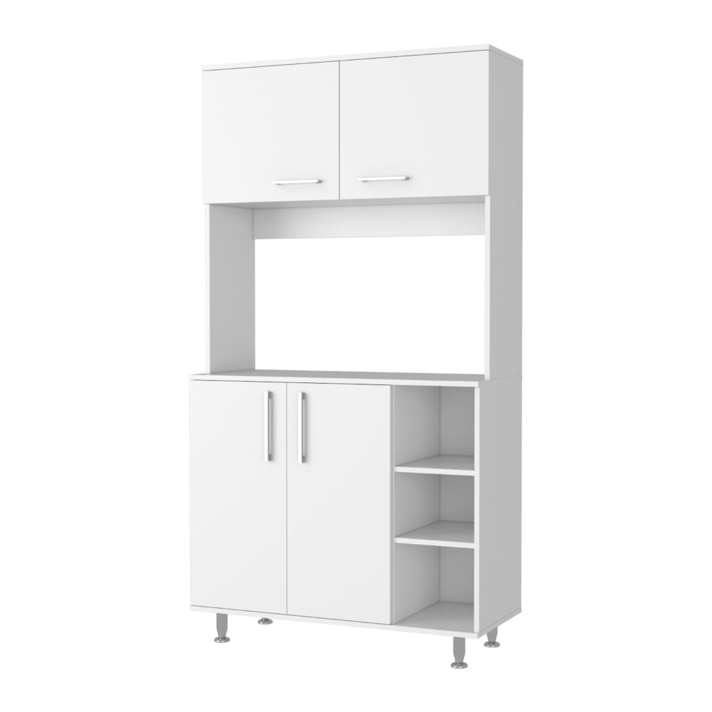 White kitchen pantry cabinet with two upper doors and open shelving