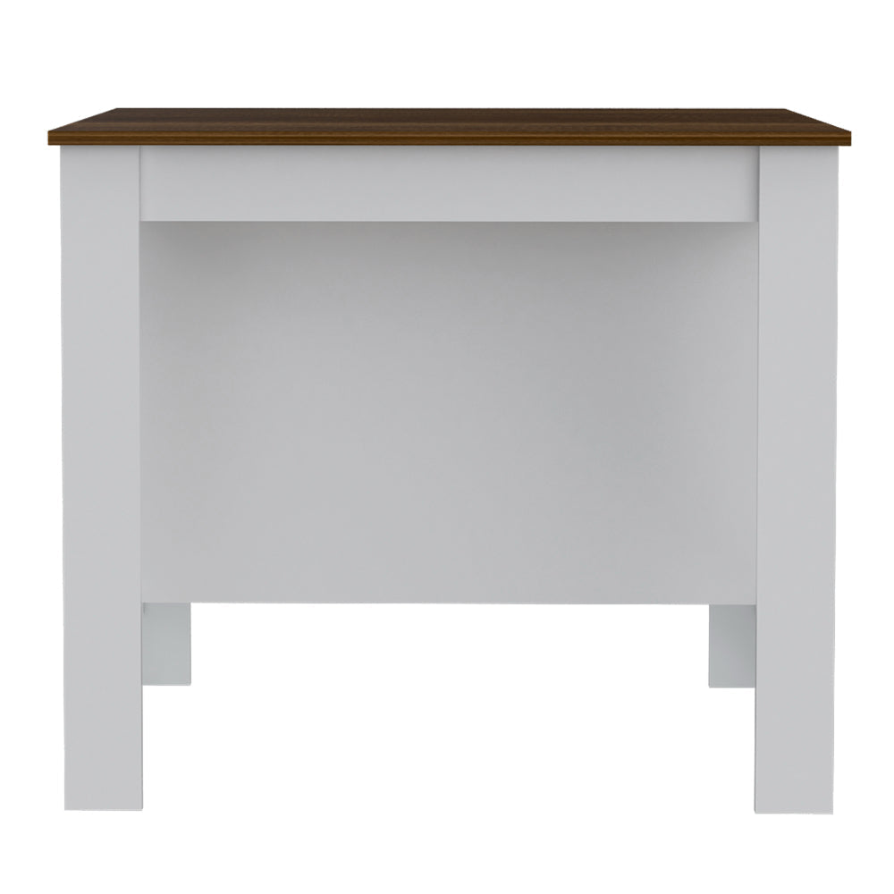 White accent cabinet with a dark wood top and open shelf for storage