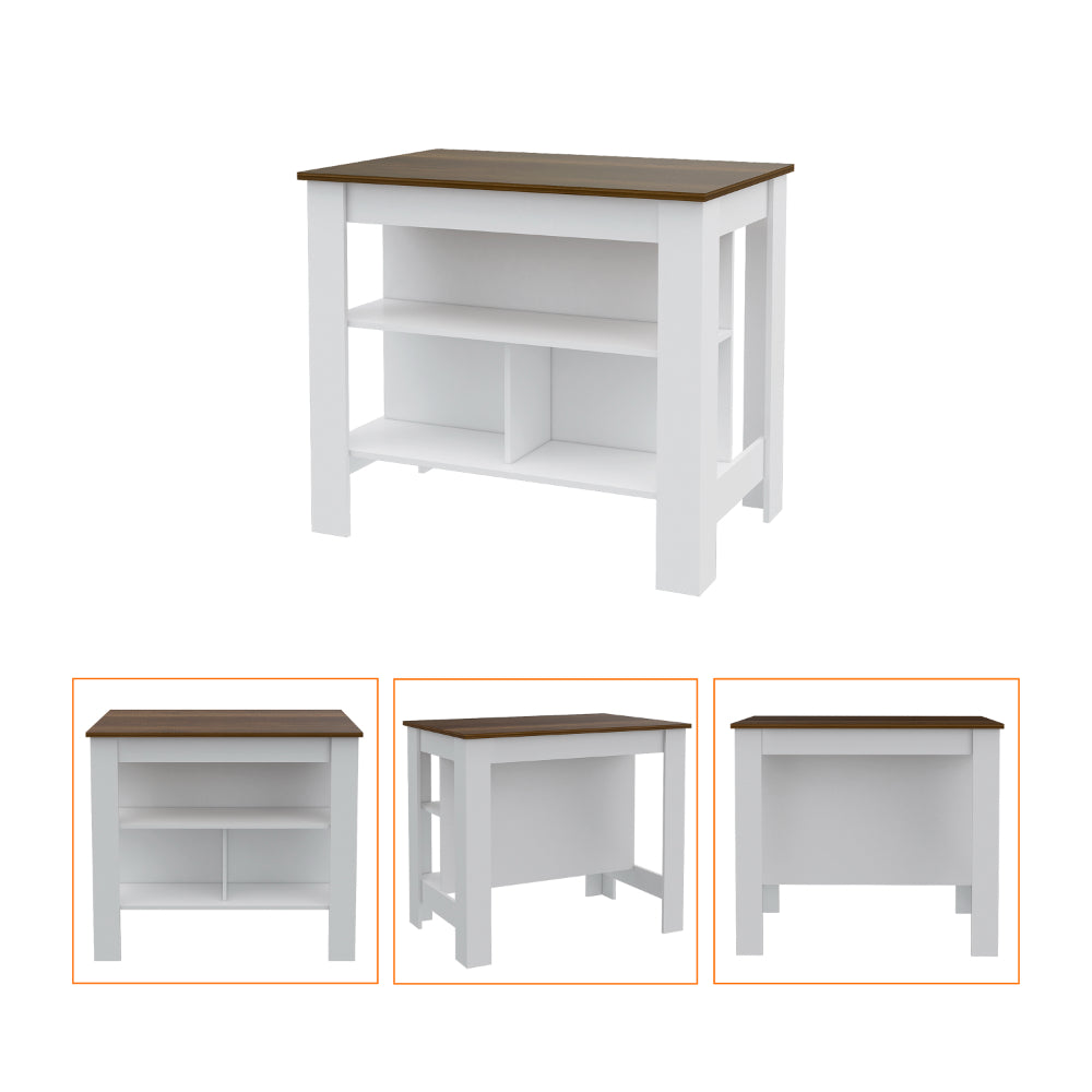White and brown kitchen island with open shelving for storage
