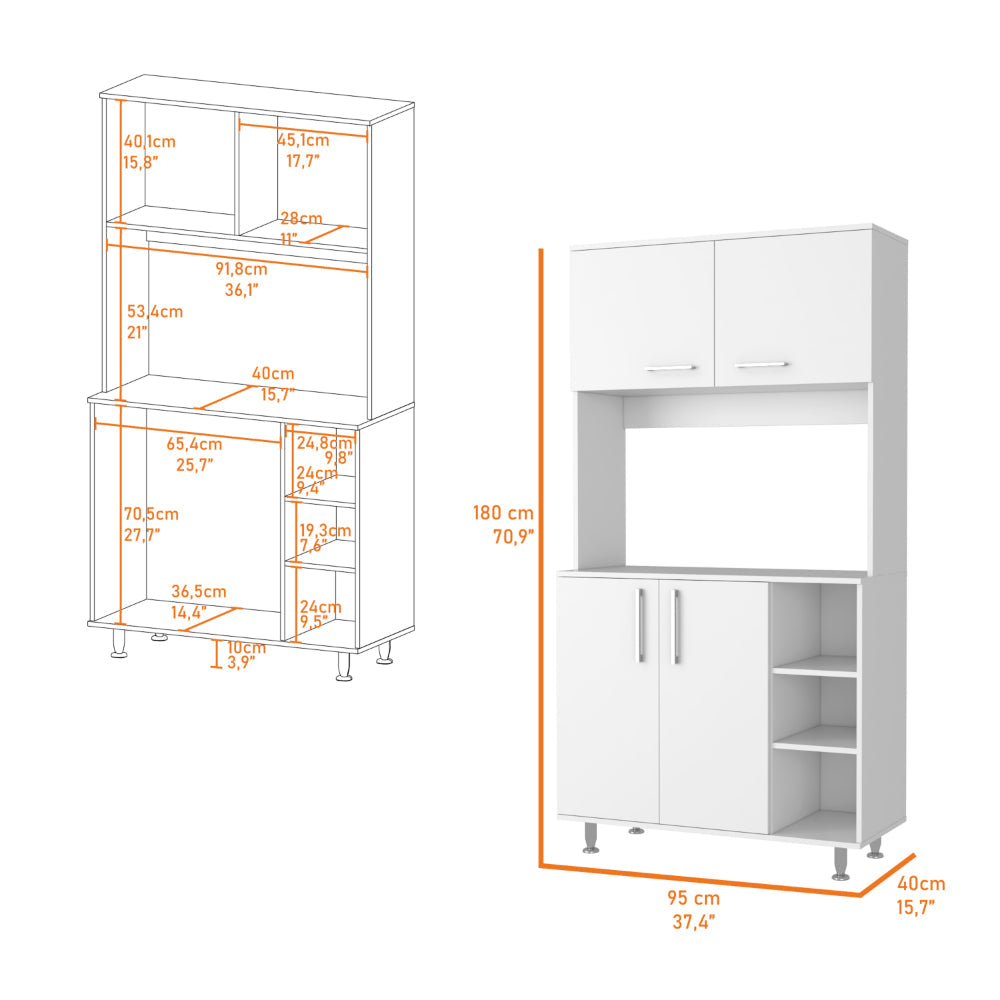 White kitchen cabinet with open shelves and dual doors featuring detailed dimensions