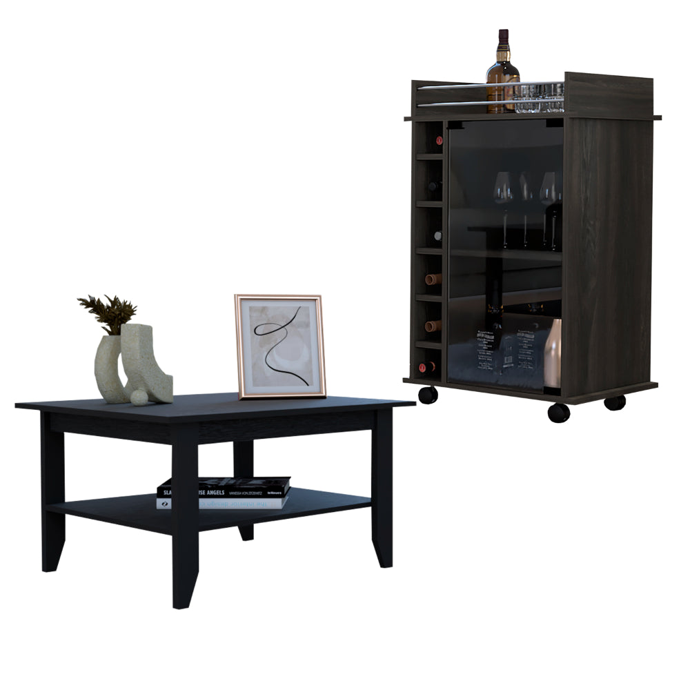 Dark wood bar cart with glass doors wine racks and bottle storage perfect for entertaining