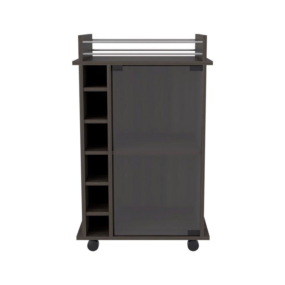 Dark espresso bar cart with bottle wine rack and mirrored cabinet door