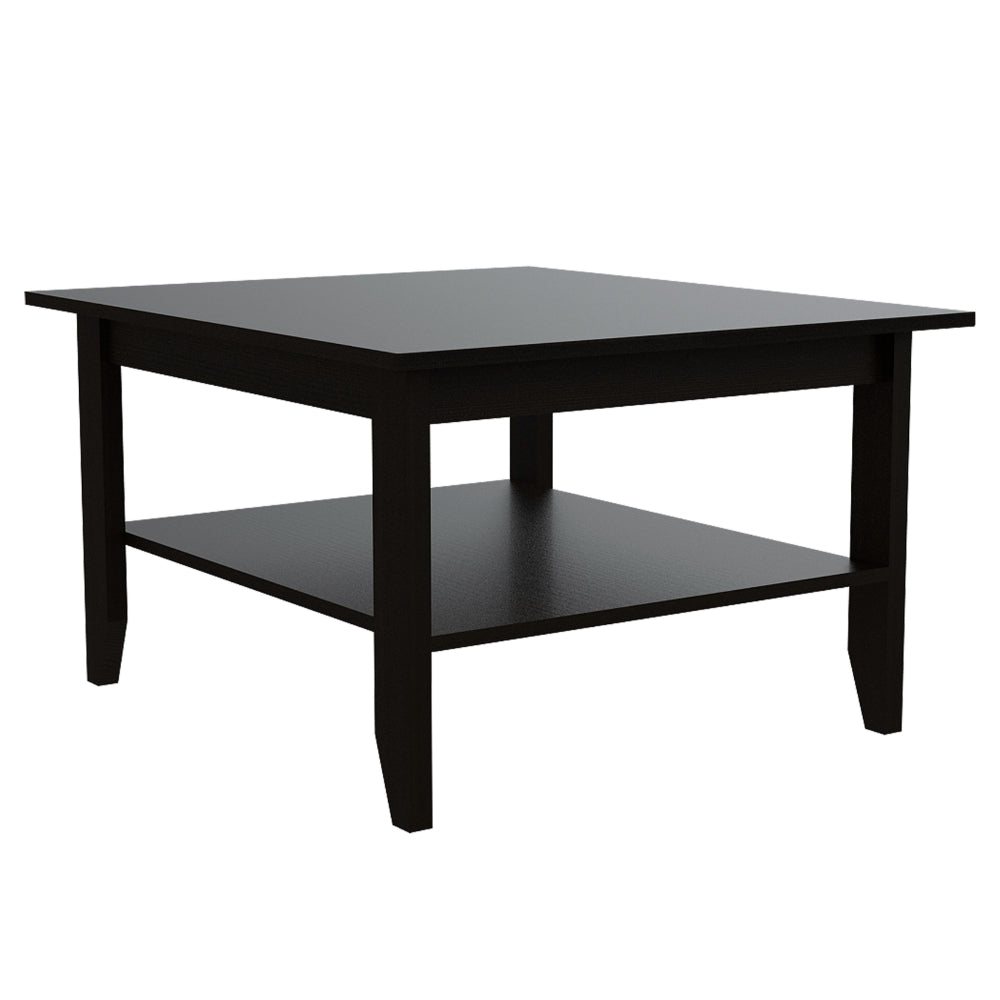 Black square coffee table with lower shelf for storage