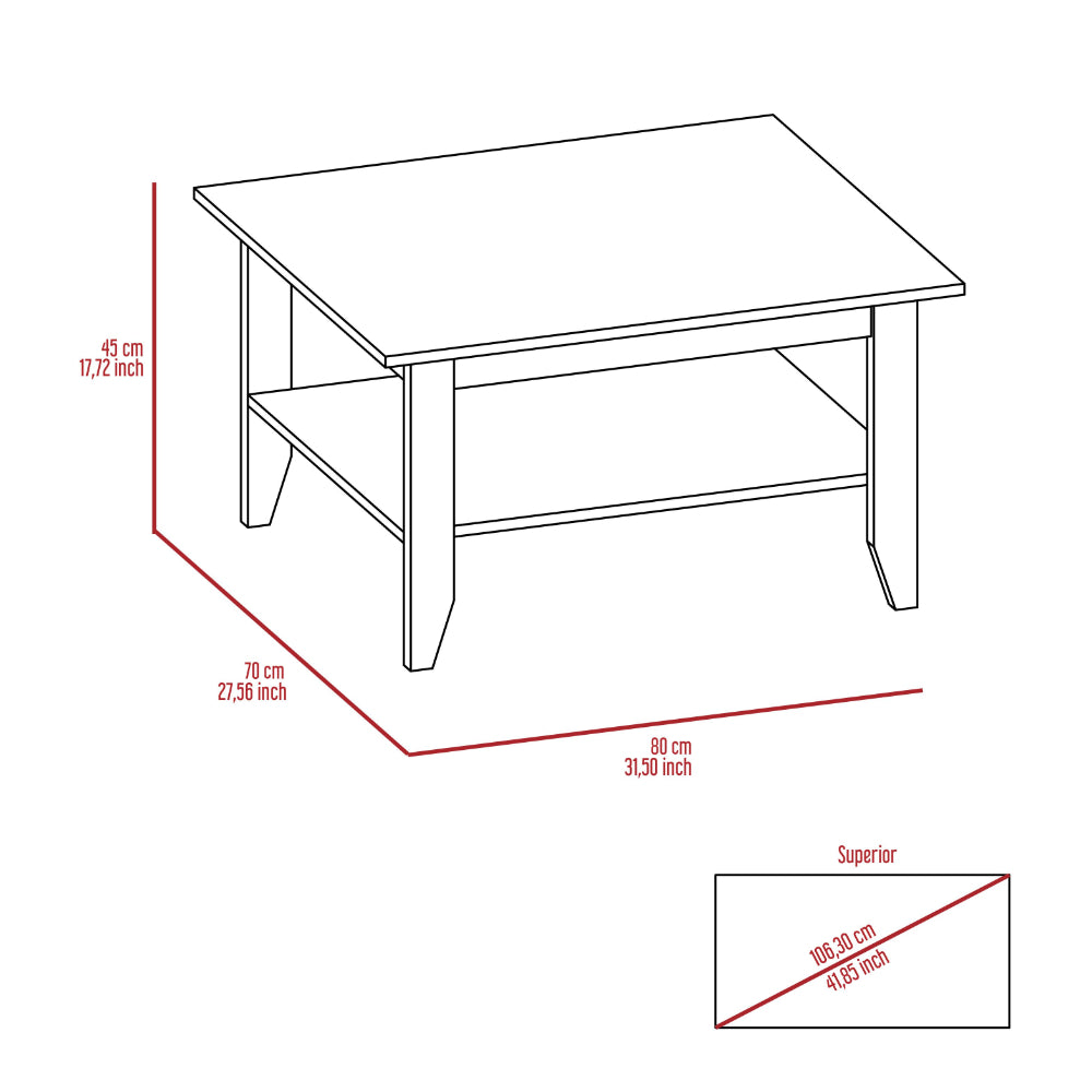 Line drawing of a white coffee table with lower shelf and dimensions labeled