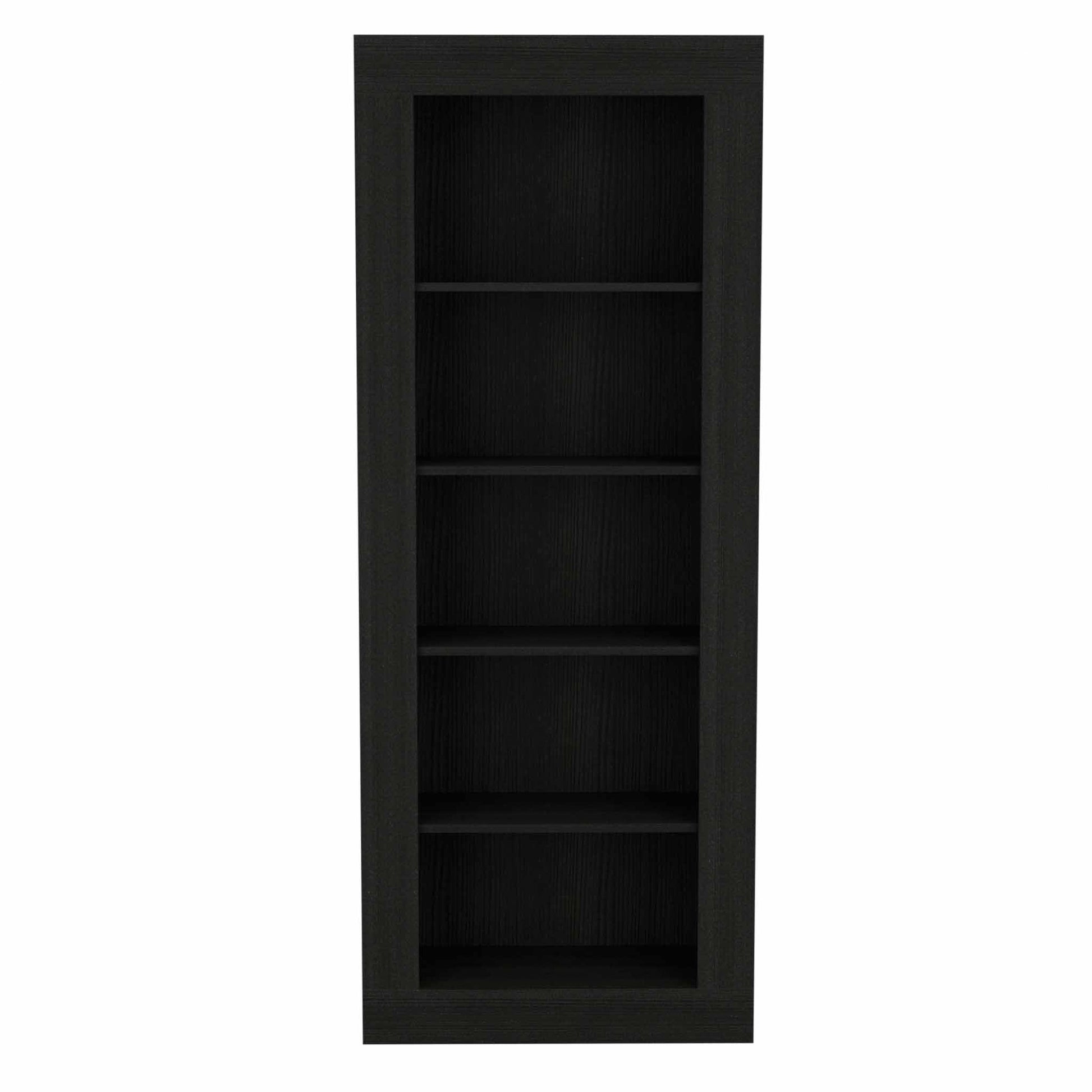 Tall black wooden bookshelf with five shelves for storage and display