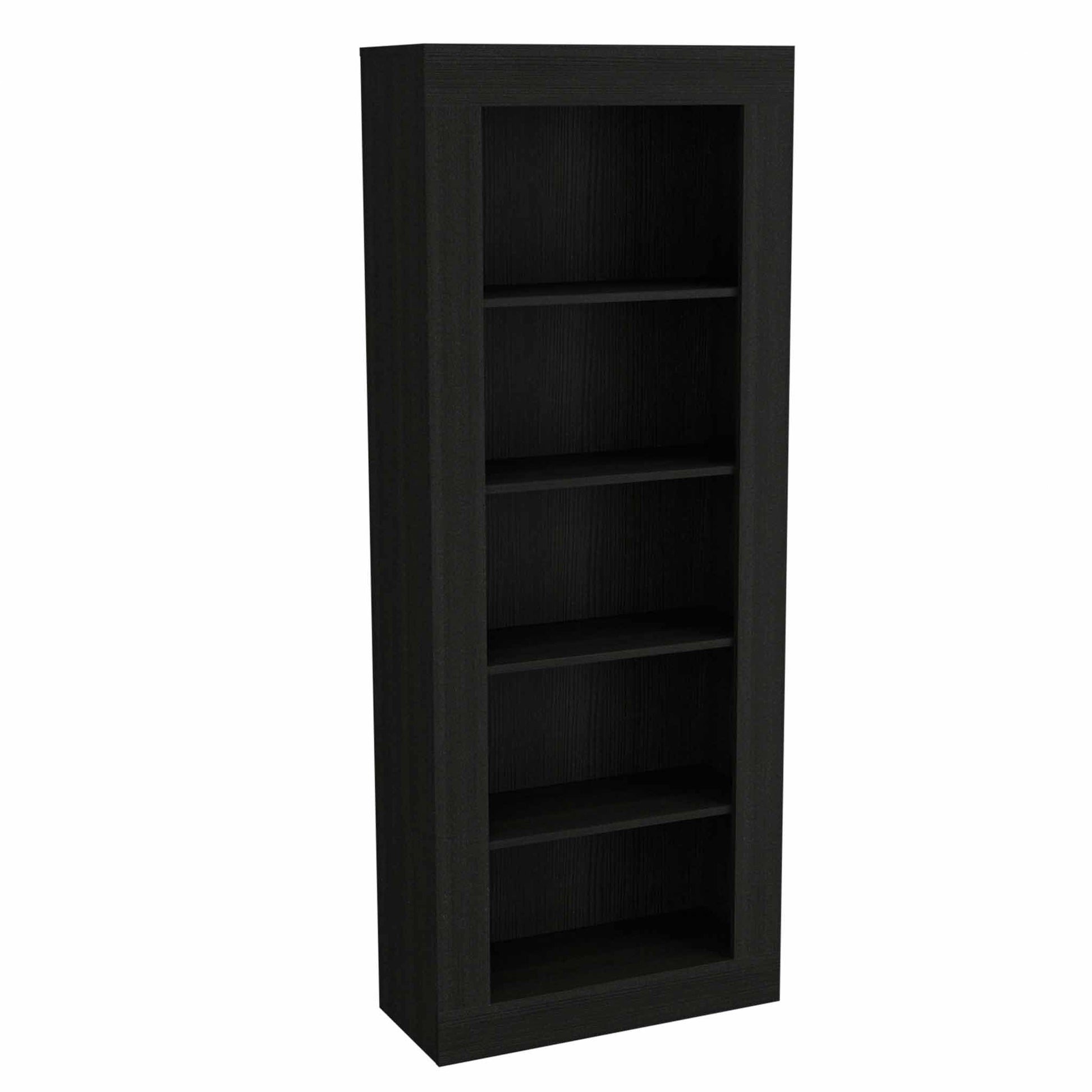 Tall black bookcase with five adjustable shelves perfect for home storage