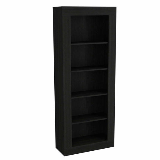 Tall black bookcase with five adjustable shelves perfect for home storage